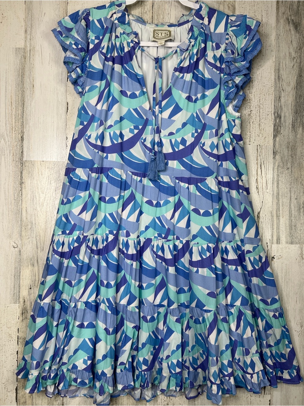 Sail to Sable Blue & Aqua Geometric Ruffle Dress Sz L